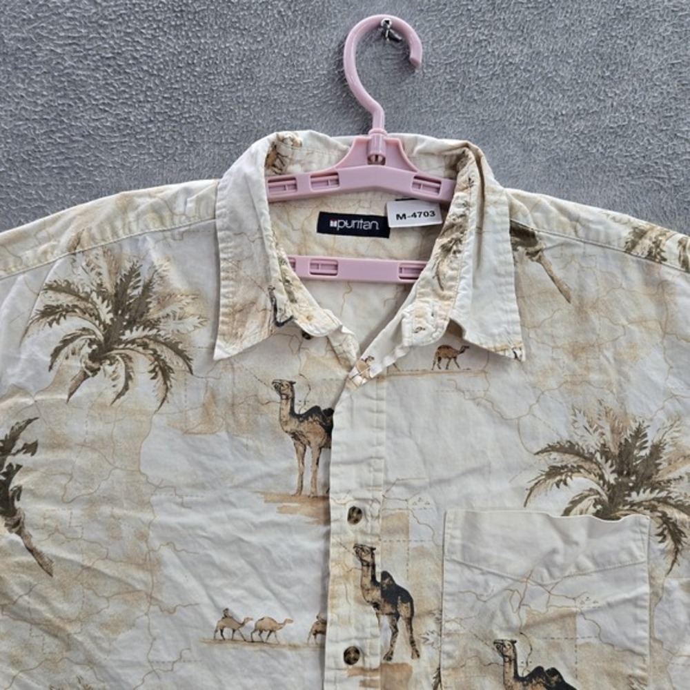 Puritan Men Button Up Shirt XL Beige Animal Print Camel Palm Allover Print - Picture 3 of 6